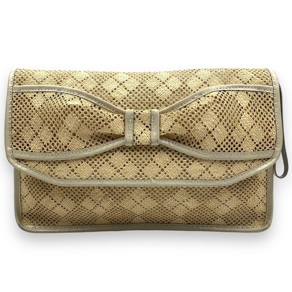 1970's large bow raffia straw and leather wristlet bag - Picture 3 of 13